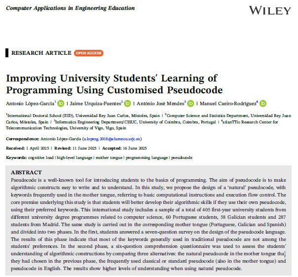 Improving #University Students' #Learning of #Programming Using Customised Pseudocode. Tested with 405 1st year programming students &amp; 3 different languages: Spanish, Portuguese &amp; Galician. doi.org/10.1002/cae.70…