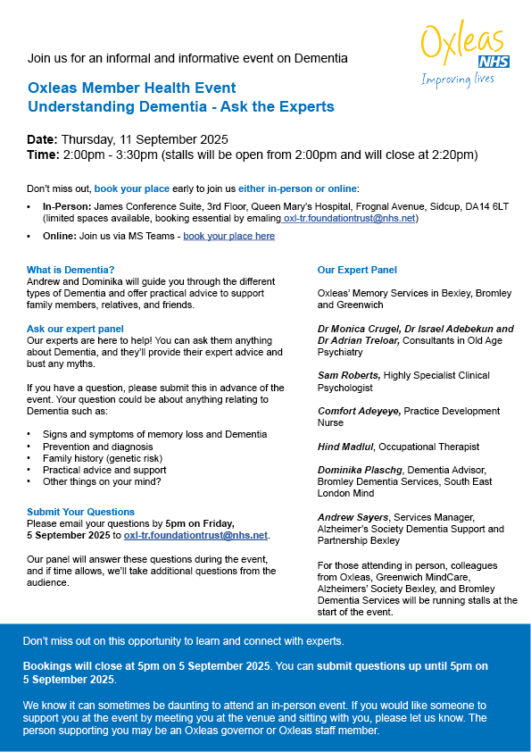 Jo Mant (@jomant2) on Twitter photo Oxleas' Member Health Event: Understanding Dementia, 11 September 2025, 2-3.30pm, Queen Mary's Hospital. Join in-person or online.
In-person (booking essential): email oxl-tr.foundationtrust@nhs.net to book your place.
Join online: book here events.teams.microsoft.com/event/1e13e127… Oxleas' Member Health Event: Understanding Dementia, 11 September 2025, 2-3.30pm, Queen Mary's Hospital. Join in-person or online.
In-person (booking essential): email oxl-tr.foundationtrust@nhs.net to book your place.
Join online: book here events.teams.microsoft.com/event/1e13e127…