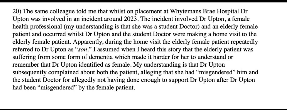 Jane Russell is basing her defence on Sandie Peggie’s character. 

But a man - a doctor- who would visit vulnerable dementia patients &amp; only care about being misgendered is a sociopath &amp; not fit to practice. That is more deeply revealing than any penchant for off colour jokes.