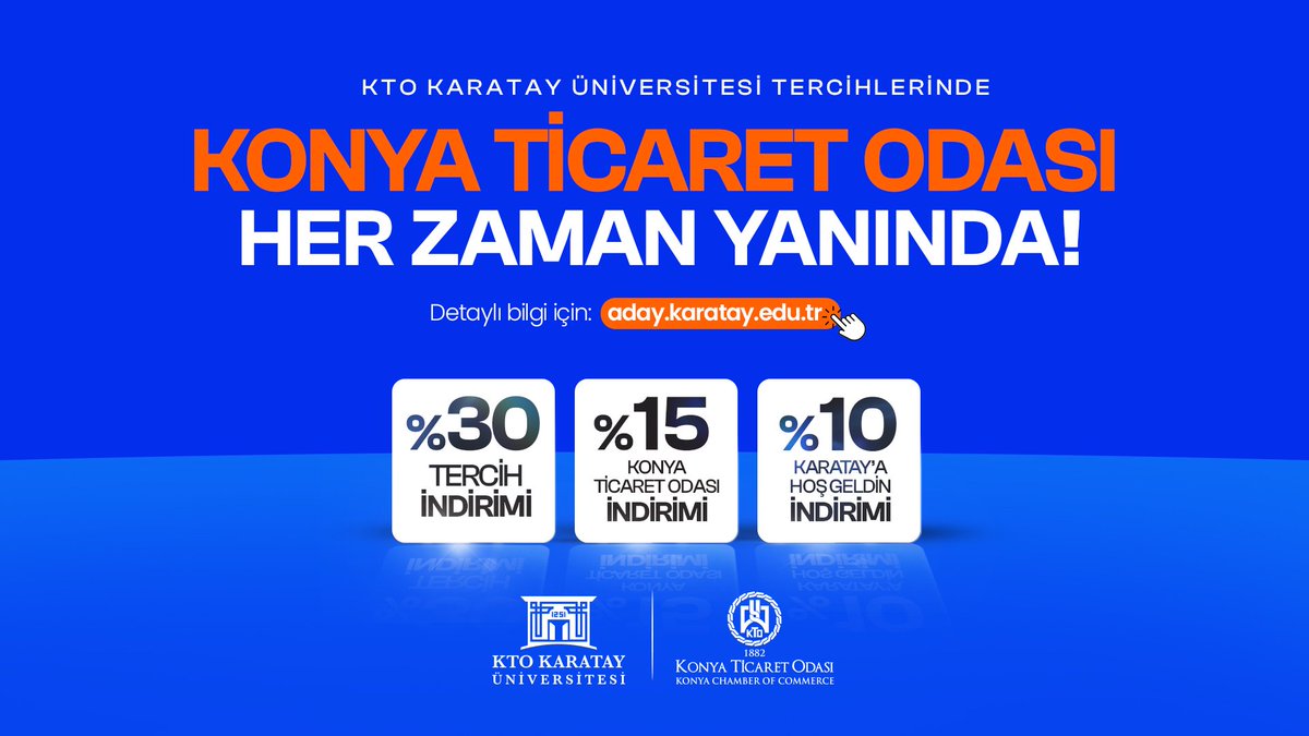 Konya Ticaret Odası, iş alemimizin üniversitesi @KTOKaratay'a güçlü desteğini sürdürüyor.

Oda Üyelerimize özel burs seçenekleriyle üniversite adaylarımızın her zaman yanındayız.

Tüm üniversite adaylarını, tercih döneminde üniversite kampüsümüze bekliyoruz.

#TercihinGeleceğin