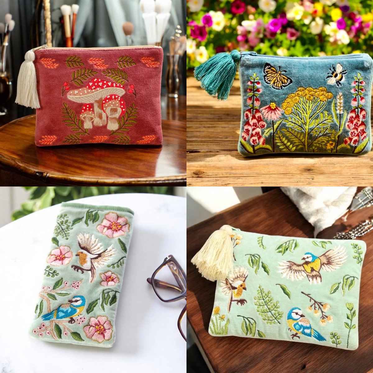 Cosmetic Bags, Velvet Embroidered Pouches, Glasses cases and Embroidered &amp; Beaded Jewellery Case……aren’t they beautiful 🍄 
These beautiful velvet embroidered goodies feature a secure zipped closure,  cotton and padded lining with an enchanting wildlife design, perfect for