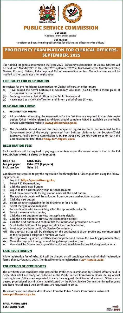 Public Service Commission (PSC) (@psckenya) on Twitter photo UPDATE: PROFICIENCY EXAMINATION FOR CLERICAL OFFICERS- SEPTEMBER, 2025
Application Deadline: 22nd August 2025. UPDATE: PROFICIENCY EXAMINATION FOR CLERICAL OFFICERS- SEPTEMBER, 2025
Application Deadline: 22nd August 2025.