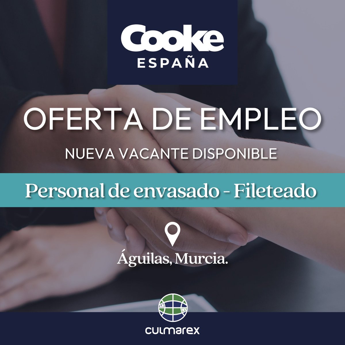 🔎 Oportunidad de  #EMPLEO en #CookeEspaña.

¿Te gustaría formar parte de esta gran familia? 

Buscamos nuevo perfil para incorporarse a nuestro equipo: 

🐟 Personal de envasado - 📍Águilas.

📲 Información y requisitos: cookeespana.com/ofertas-de-emp…
.
.
.
#Empleo #OportunidadLaboral