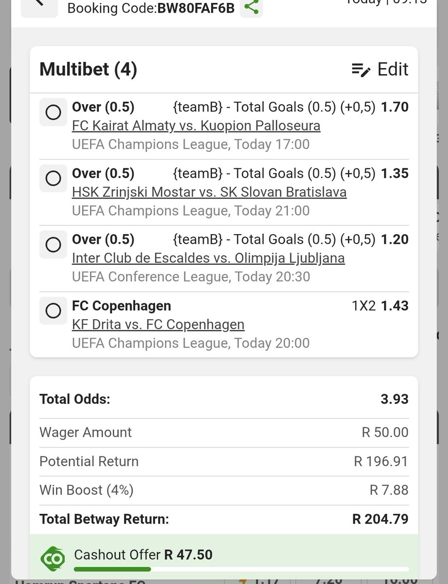 JasonHeneke's tweet image. Daily random odds challenge starting today
I just placed a bet with Betway. Tap here to copy my bet or search for this booking code in the Multi Bet betslip BW80FAF6B new.betway.co.za/?bookingCode=B…