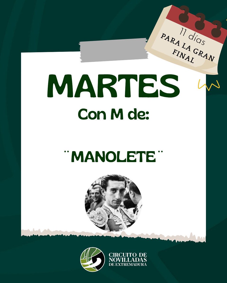 CircuitoExtr's tweet image. “Martes con M de Manolete 💥
Hoy repasamos el pasodoble taurino por antonomasia: dedicado a Manolete, el IV Califa del toreo, esta obra de 1939 sigue emocionando en plazas clásicas como Córdoba y Sevilla.