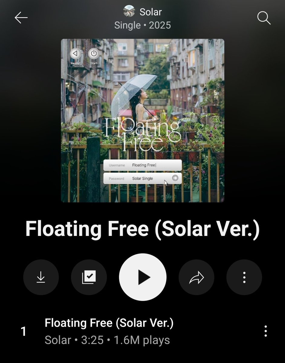DragonKazoo77's tweet image. 250729 #Solar 'Floating Free' YT music plays 16:00KST
Korean Ver. - 159K 🔥
Solar Ver. - 1.6M
With 9m88 - 1.6M
(Looks like Solar Ver. & With 9m88 are combined)
Stream the Korean ver. MV as well
🔗youtu.be/rRzdwV0Tr6w?si…
#Floating_Free #솔라 #頌樂 #金容仙 #MAMAMOO @RBW_MAMAMOO
