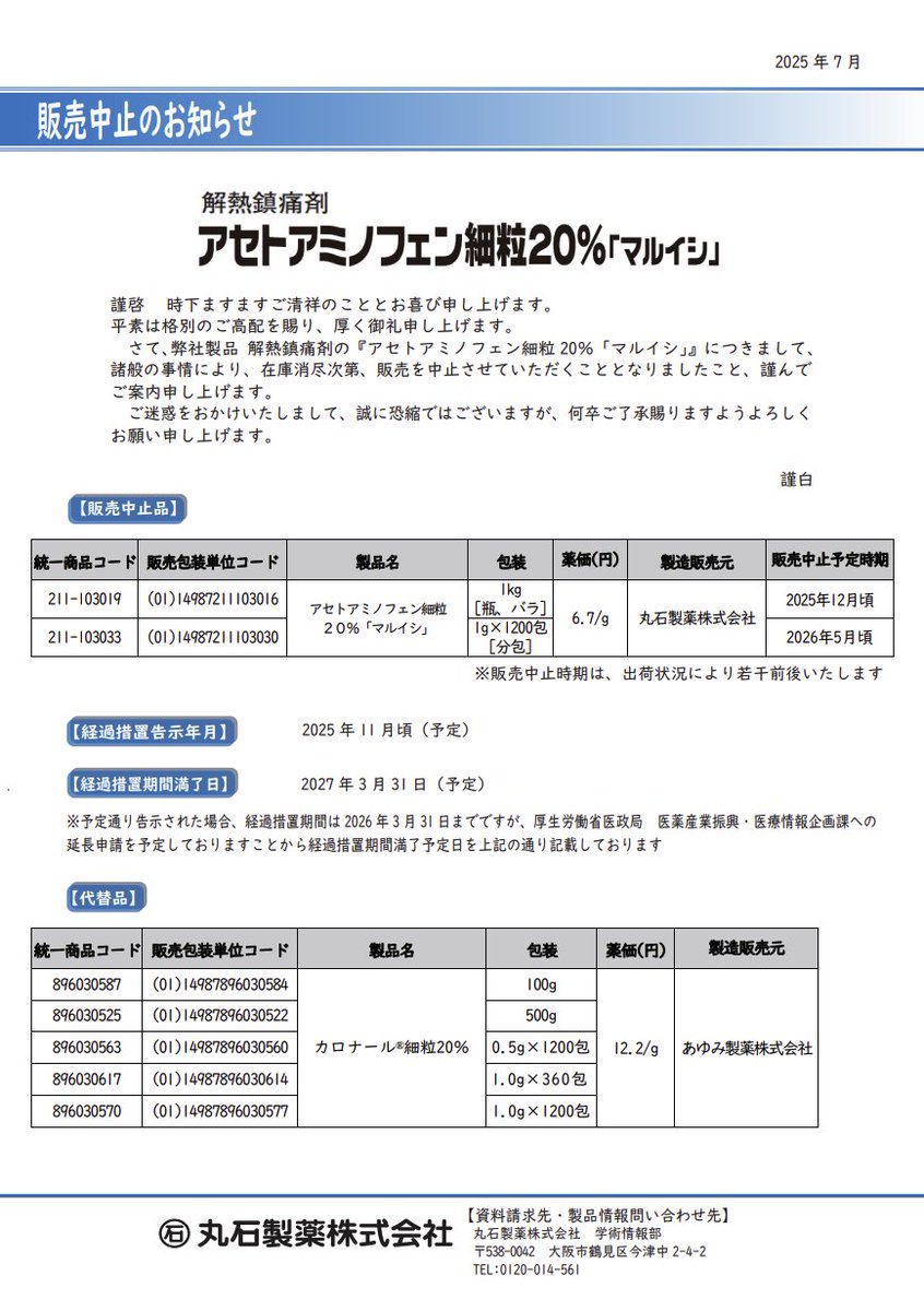 DSJP_info's tweet image. 2025年7月29日
丸石製薬
アセトアミノフェン細粒20%「マルイシ」 販売中止のお知らせ
maruishi-pharm.co.jp/medical/media/…