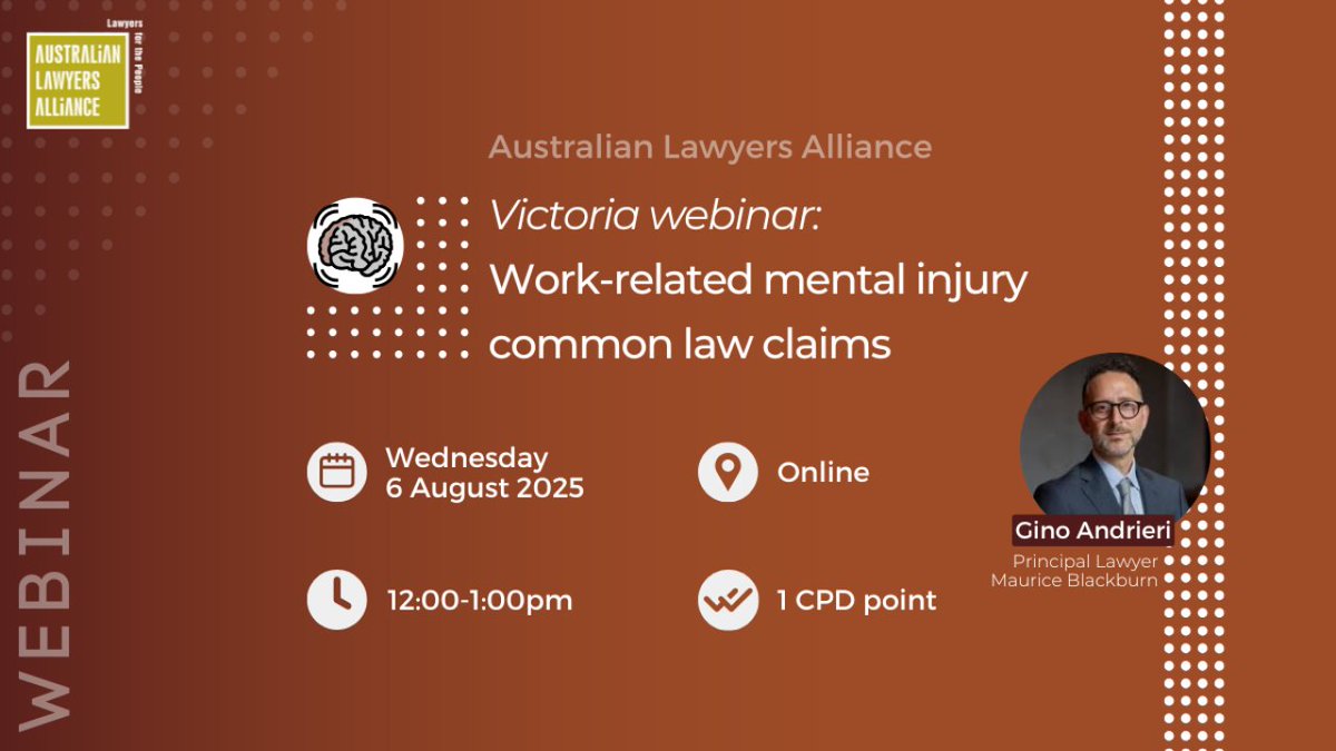 Join the ALA for a midday webinar exploring general negligence principles on pure psychological Common Law claims in WorkCover next Wednesday! The webinar will also dicuss  bullying, overwork, exposure to trauma and breach of contract case law 
🎟️Register: lawyersalliance.com.au/Web/Web/Events…