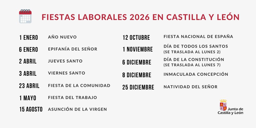 📅Consulta el calendario laboral de #CastillayLeón para 2026

✅Semana Santa: 2 y 3 de abril
✅Día de Todos los Santos: se traslada al lunes 2
✅Día de la Constitución: se traslada al lunes 7