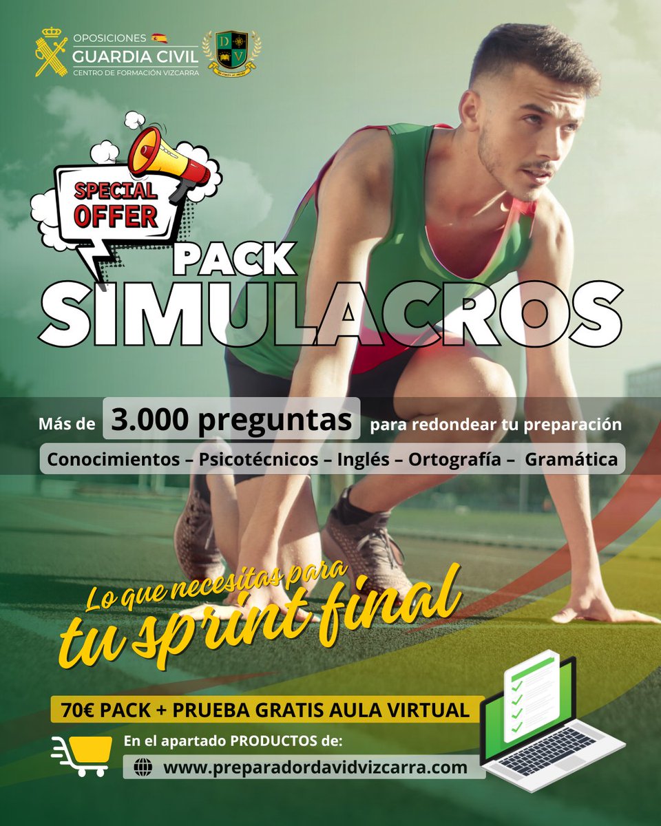 💥 Tu ayuda para la recta final: el paquete de simulacros online con ¡más de 3.000 preguntas para esta última fase de estudio! 
🎁 Además, te regalamos una prueba gratuita del aula virtual.

🛒 preparadordavidvizcarra.com/producto/pack-…

¡Ánimo! Cada vez más cerca de tu plaza en la Guardia Civil💚