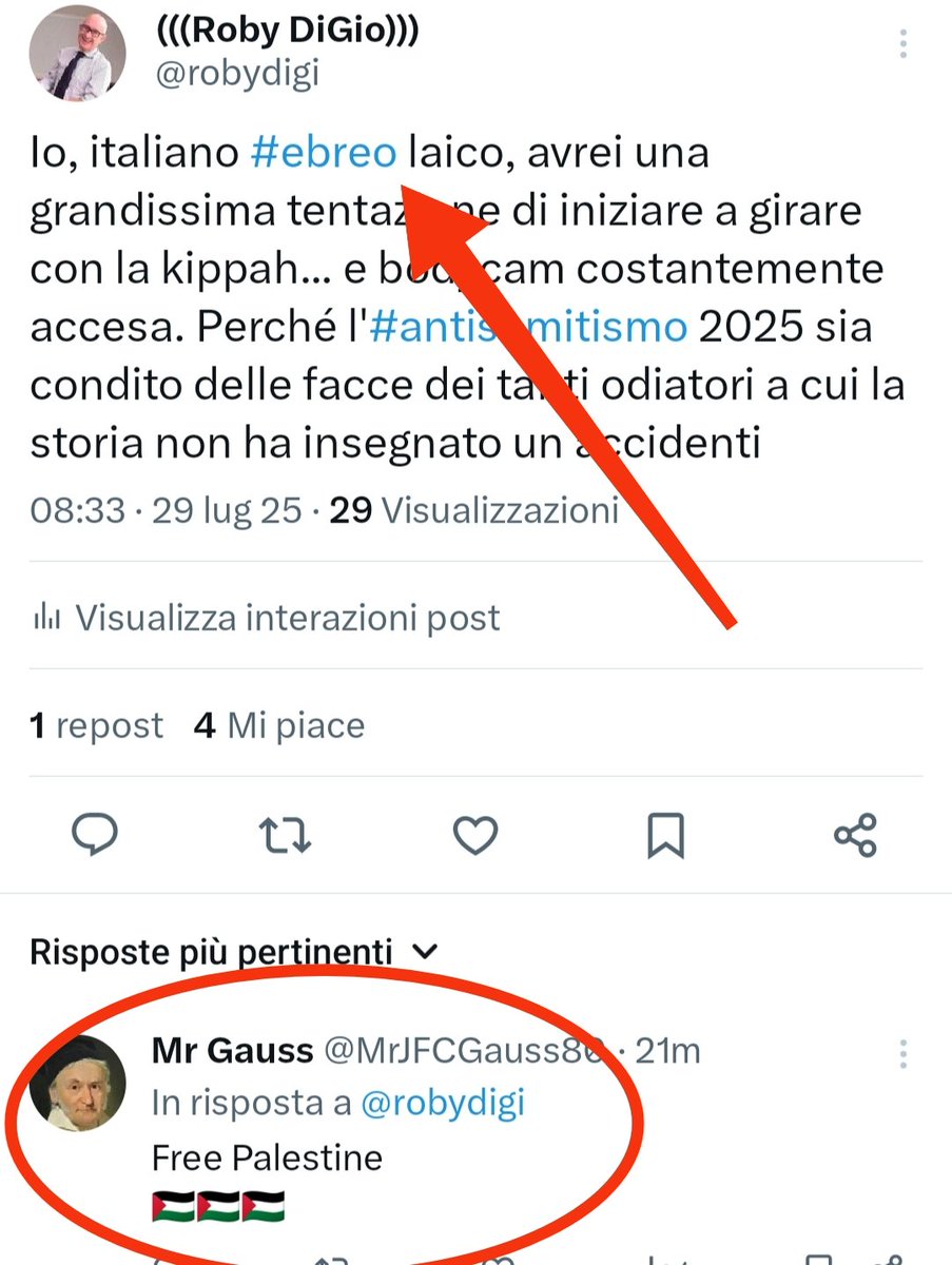 Ecco intanto il prototipo dell'italiano vigliacco e ignorante che risponde free palestine ogni volta che vede la parola #ebreo