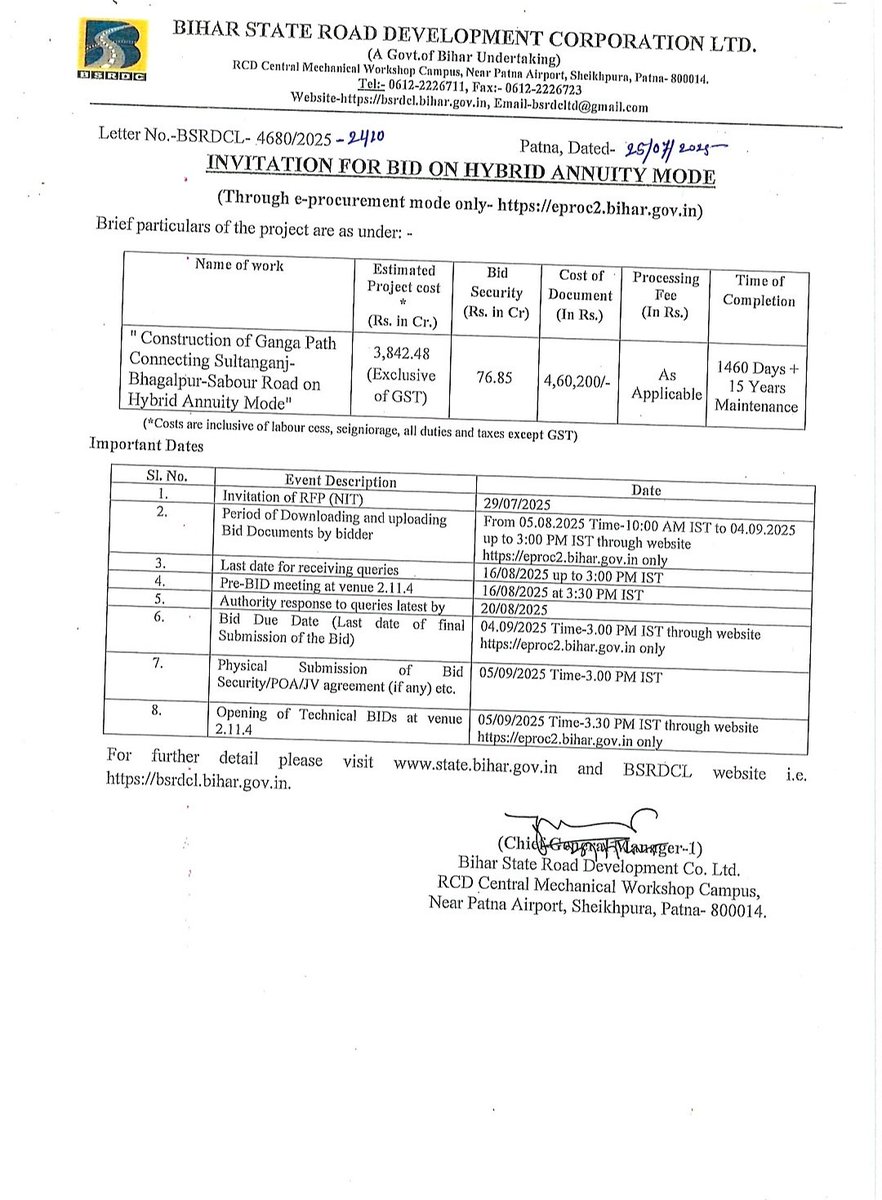 हाइब्रिड एन्युइटी मोड पर होगा "मुंगेर - (सफियाबाद) - बरियारपुर - घोरघट - सुल्तानगंज रोड - भागलपुर - सबौर रोड को जोड़ने वाले गंगा पथ का निर्माण" टेंडर जारी ।
#Munger #Bhagalpur #Ganga_Path