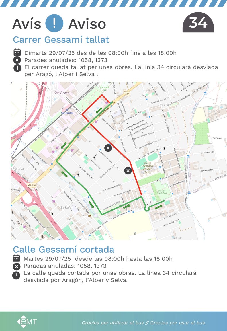 #AvisosEMT ⚠️ La línia 34 circularà desviada dimarts 29/07 fins les 18h. Consulta els detalls! 👇🏼
-
⚠️ La línea 34 circulará desviada el martes 29/07 hasta las 18h. ¡Consulta los detalles! 👇🏼