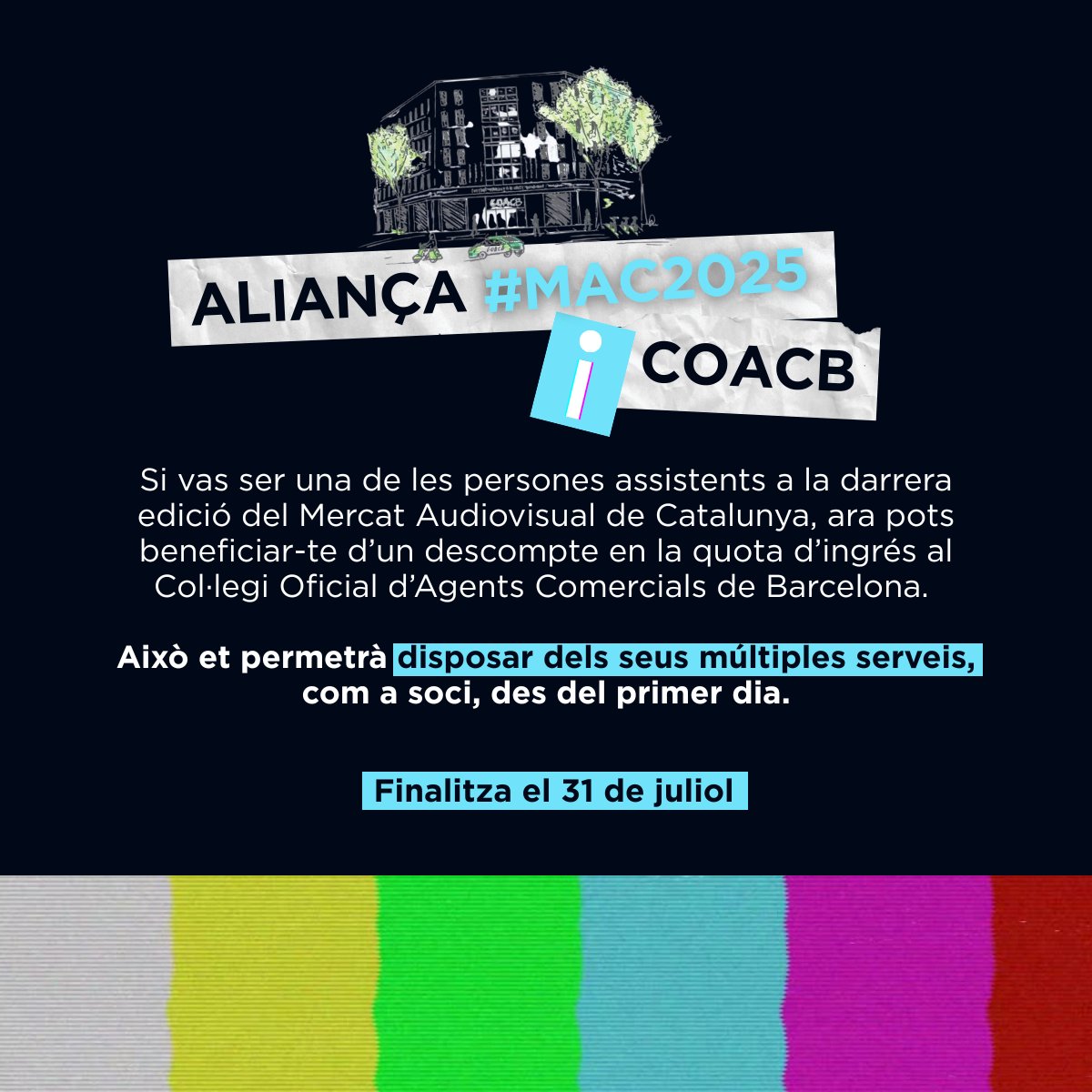 🎟️ Descompte de 180 € en la quota d’ingrés al <a href="/coacbcn/">COACB</a> per a persones acreditades al #MAC2025!
Vols col·legiar-te? Envia un correu a coordinacio@audiovisualmac.cat amb nom i telèfon. Tens temps fins al 31 de juliol!
👉 audiovisualmac.cat/es/asistir-al-…