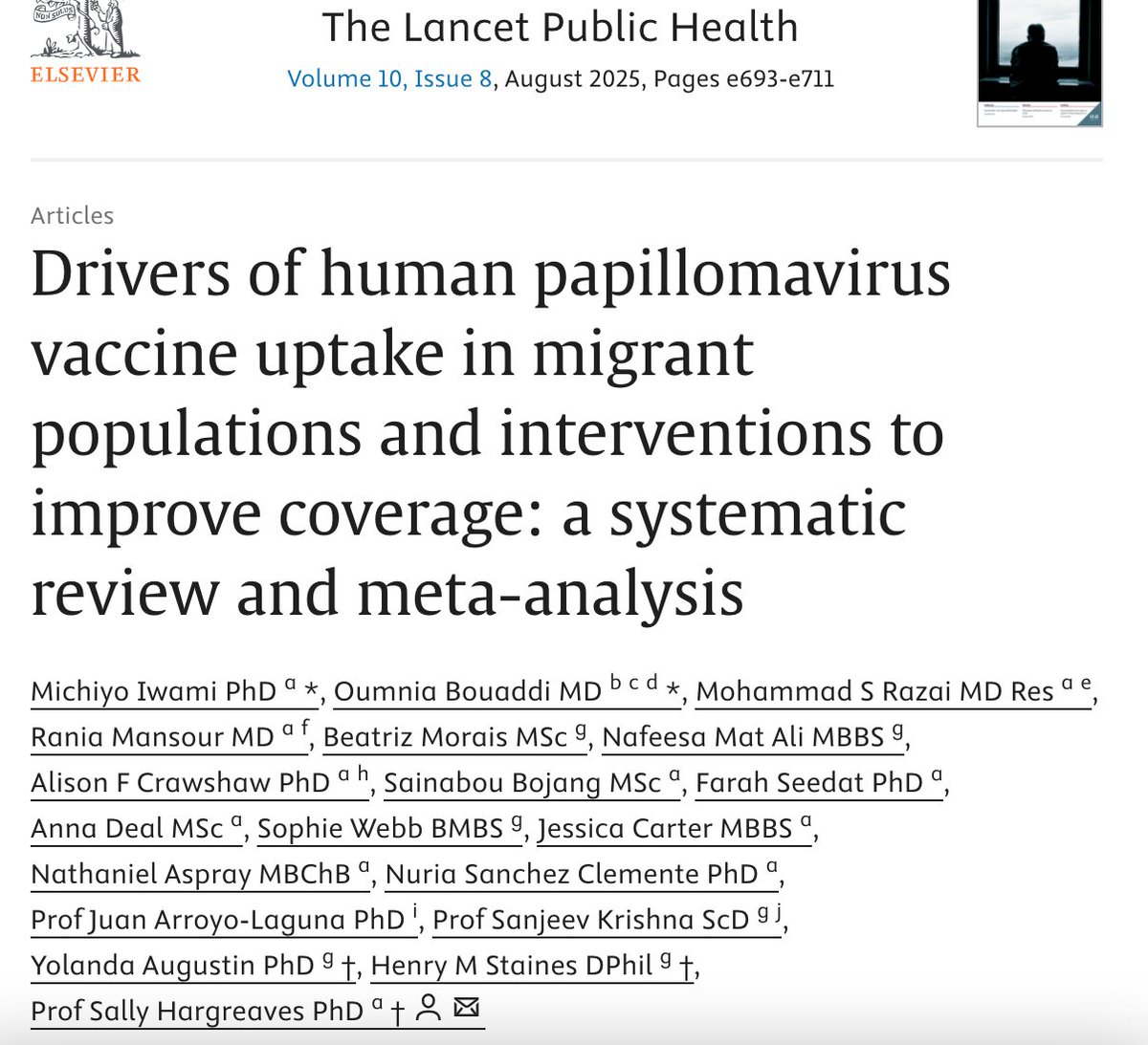 📢 New Publication | The Lancet Public Health

Delighted to share our latest systematic review and meta-analysis exploring drivers of HPV vaccine uptake among over 5.6 million migrant populations across 16 countries. <a href="/sal_hargreaves/">Sally Hargreaves</a> <a href="/_RaniaMansour/">Rania Mansour, MD, MPH</a> 

doi.org/10.1016/S2468-…