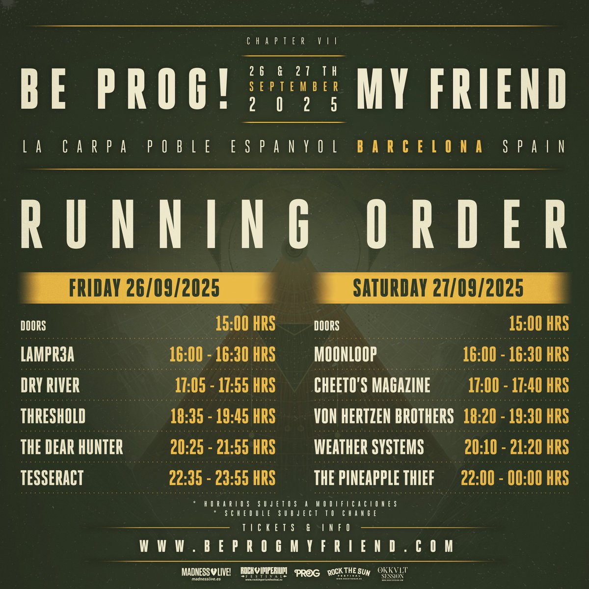 MadnessLive's tweet image. ⏰ BE PROG! MY FRIEND 2025: HORARIOS YA DISPONIBLES ⏰  

¡Ya están aquí! Publicamos los horarios del @BeProgFestival 2025 siguiendo la filosofía de siempre del festival: conciertos completos para una experiencia única, con sets de cabeza de cartel para los artistas que…