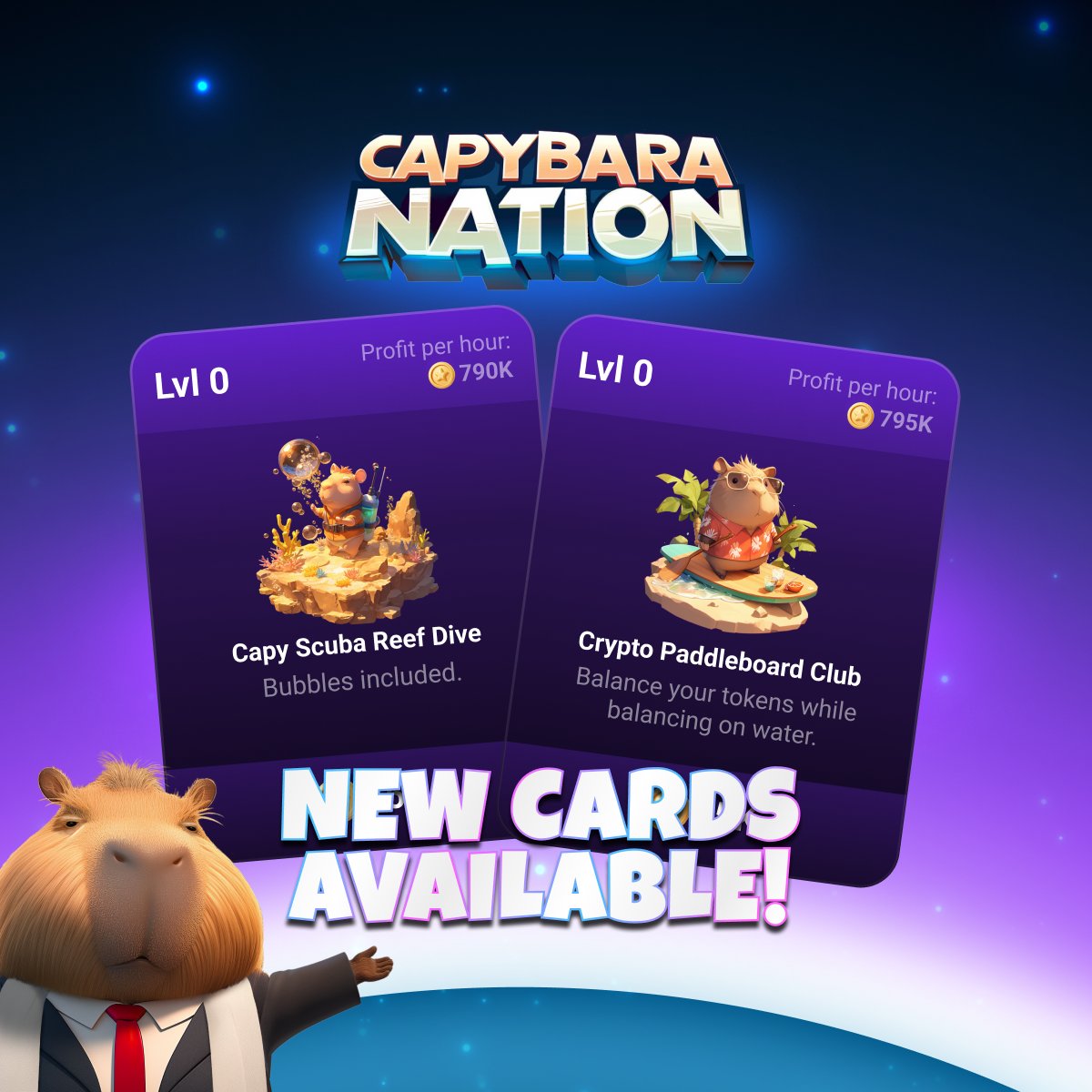 Capybara Nation - $BARA is live on Crypto.com (@capy_nation) on Twitter photo 🎉 New Cards Drop 🎉
🤿Capy Scuba Reef Dive - Search for secrets below the surface.
🏄Crypto Paddleboard Club - Surf the chain, ride the chaos.
Now live in Capybara Nation: t.me/capybara_natio… 🎉 New Cards Drop 🎉
🤿Capy Scuba Reef Dive - Search for secrets below the surface.
🏄Crypto Paddleboard Club - Surf the chain, ride the chaos.
Now live in Capybara Nation: t.me/capybara_natio…