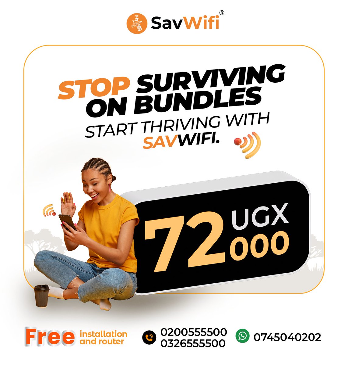 Tired of data running out too soon?
 Make the smart switch to Sav WIFI and enjoy unlimited, high-speed internet for just UGX 72,000UGX
No caps. No stress. Just seamless connection for work, play, and everything in between.🚀