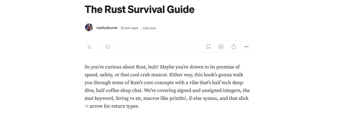 My Blog Just Released , If you are interested in Fundamentals Behind Rust and curious about stuff Do Give it a Read...
Blog Link : medium.com/@aadityakumar2…