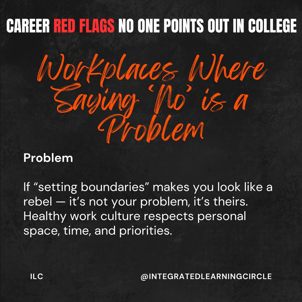 innovativeILC's tweet photo. Career red flags 🚩 no one talks about in college:

1. Manipulative mentors

2. Burnout as a badge

3. Fancy-but-fake job titles

4. No space to say “No”

College taught theory. Life needs strategy.
#CareerRedFlags #ToxicWorkplaces #GenZWorklife #CareerAwareness https://t.co/UFJL4NzadC