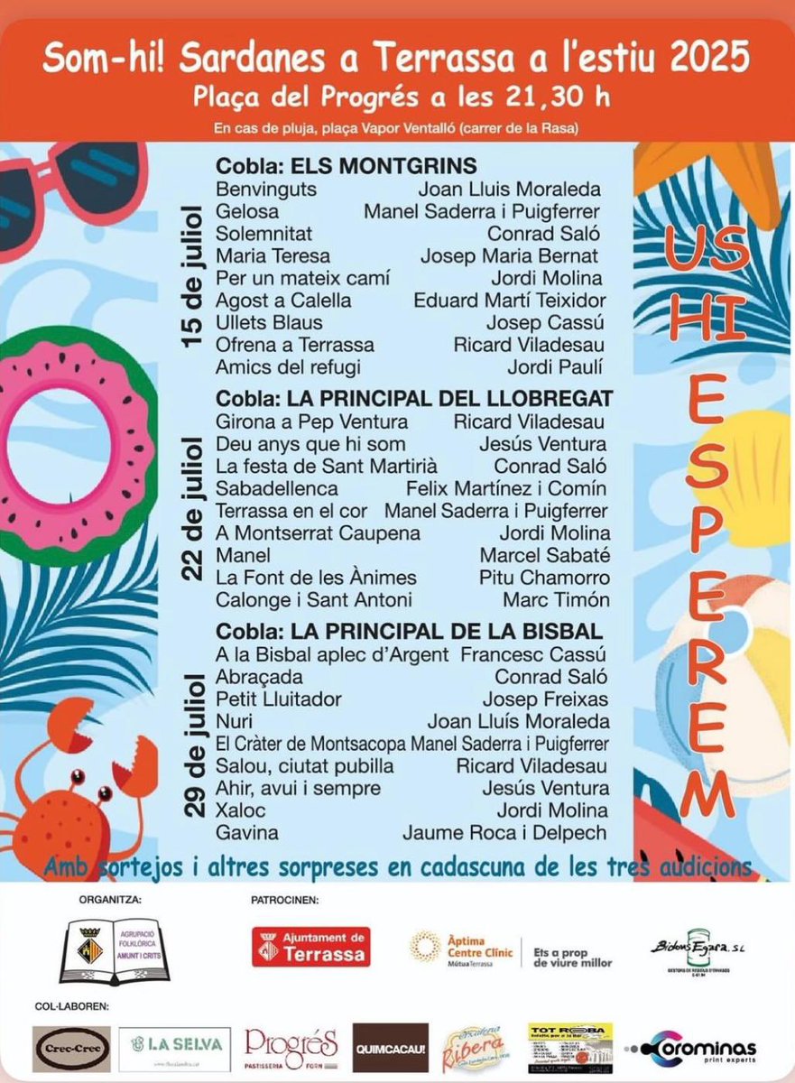 📅 Avui és l’últim dia!
🩰Tanca el cicle de sardanes d’estiu a Terrassa!

🎶 Vine a ballar a les 21:30 h a la Plaça del Progrés

✨ Música, tradició i bon ambient, no t’ho perdis!