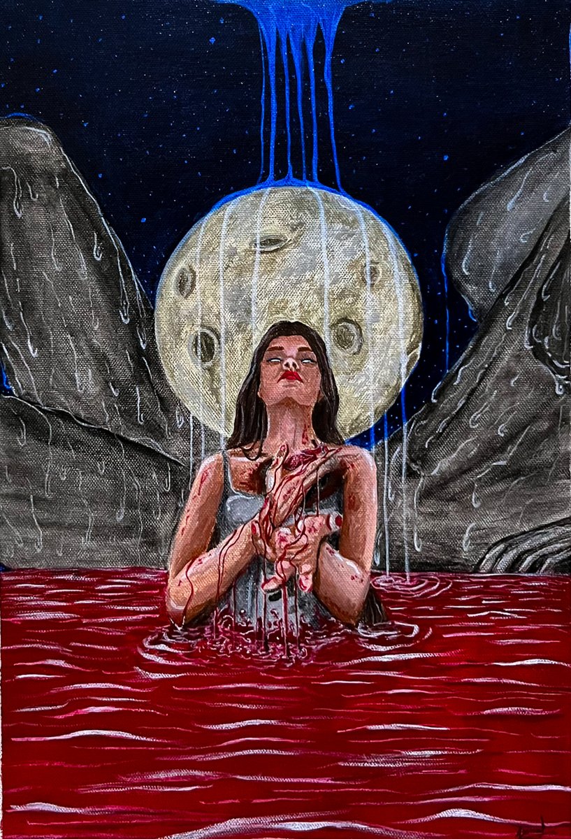 GIVER 

Bathed in moonlight and submerged in crimson waters, GIVER portrays a woman offering herself in raw surrender—her bloodied hands clasped in ritualistic grace. A celestial stream drips from the moon, merging sorrow and strength, sacrifice and transcendence.
