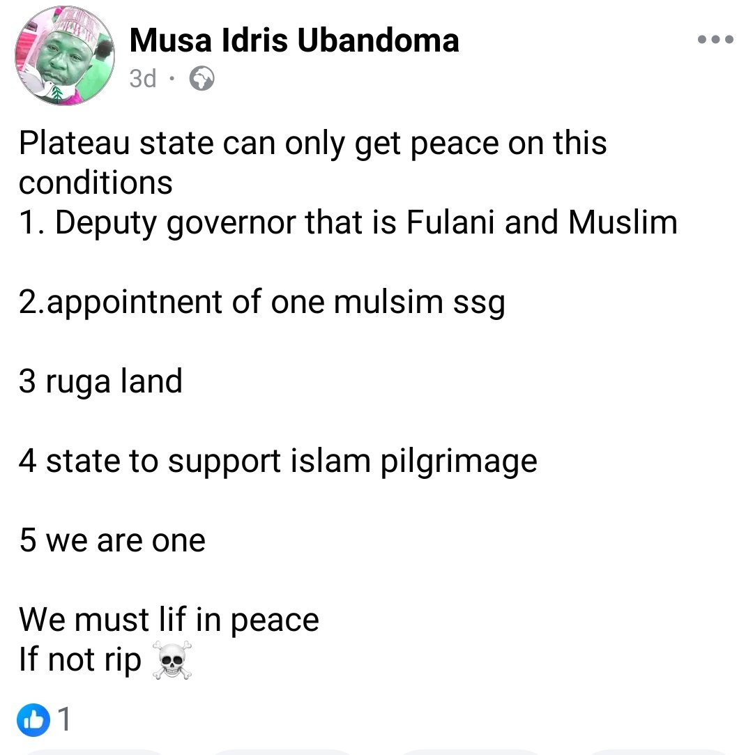 KRISSKILLZ (@krisskillz) on Twitter photo We call For The Immediate Arrest Of
(Musa Idris Ubandoma)
For Threatening The Peace of Our State
Publicly Outlining His Demands That Must Be Met Or They Keep Killing Our People As They Have Always Done
We Call On <a href="/PoliceNG/">Nigeria Police Force</a> To Take Swift Action,<a href="/CalebMutfwang/">Caleb Mutfwang</a> Act Now Sir! We call For The Immediate Arrest Of
(Musa Idris Ubandoma)
For Threatening The Peace of Our State
Publicly Outlining His Demands That Must Be Met Or They Keep Killing Our People As They Have Always Done
We Call On <a href="/PoliceNG/">Nigeria Police Force</a> To Take Swift Action,<a href="/CalebMutfwang/">Caleb Mutfwang</a> Act Now Sir!