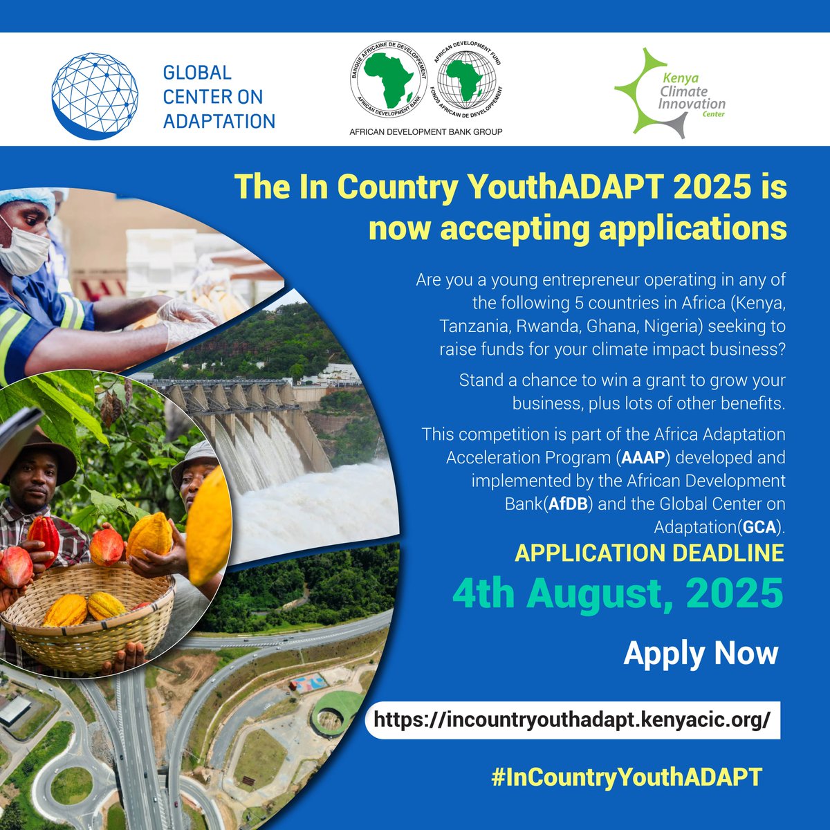 The In-Country YouthADAPT Challenge 2025–2026 Call for Applications is OPEN!
Are you a young entrepreneur (18–35) in Kenya🇰🇪, Tanzania🇹🇿, Rwanda🇷🇼, Ghana🇬🇭, or Nigeria🇳🇬 with a bold solution on climate adaptation? This opportunity is for you. 

The Challenge, implemented by KCIC