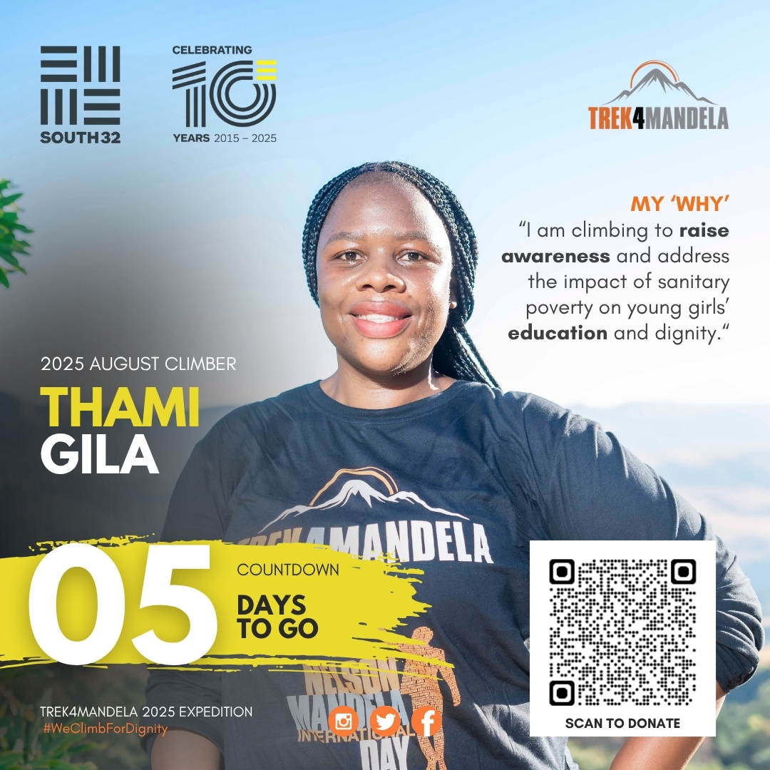 🎉 5 DAYS TO GO! 🏔

Let's cheer for Thami Gila, our Trek4Mandela 2025 August Climber.

📲 Scan the QR Code to donate or click here: givengain.com/project/nomath… to be part of this movement.

One climb. One cause. PERIOD🩸!

#WomensMonth
#WeClimbForDignity
#RoadToKilimanjaro2025