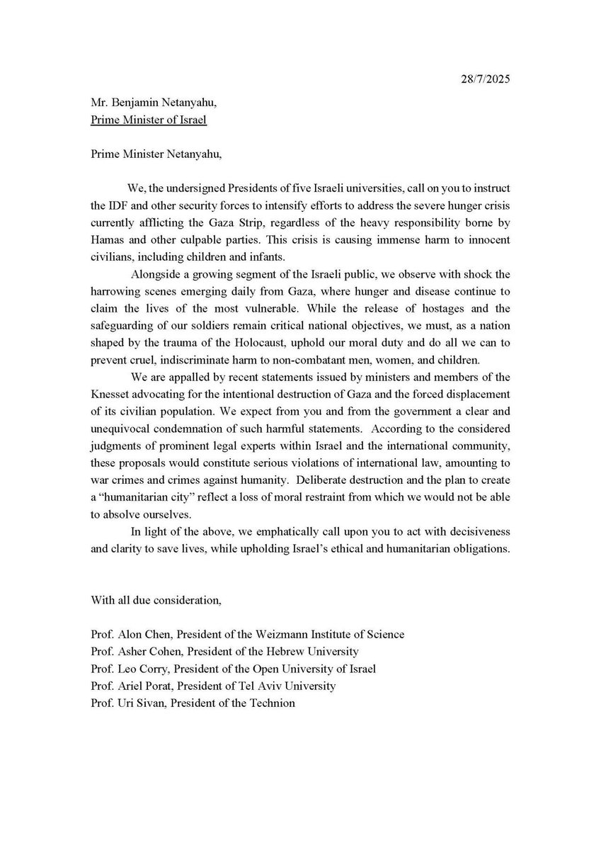 Statement van vijf Israëlische universiteiten. Je weet wel, die instellingen waarmee onze Vlaamse universiteiten en academici niet meer mochten samenwerken van de academipolitici in onze rangen
