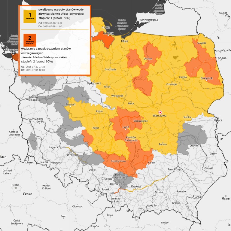 ⚠️UWAGA⚠️
‼️AKTUALIZACJA OSTRZEŻEŃ HYDRO #IMGWlive‼️Wezbranie z przekroczeniem stanów ostrzegawczych 2🟠
Lokalne przekroczenia stanów ostrzegawczych.
Zmiana dot. przedłużenia ważności ostrzeżenia i przebiegu.
Ważne: 2025-07-29 07:33 do 2025-07-31 12:00
👉 meteo.imgw.pl