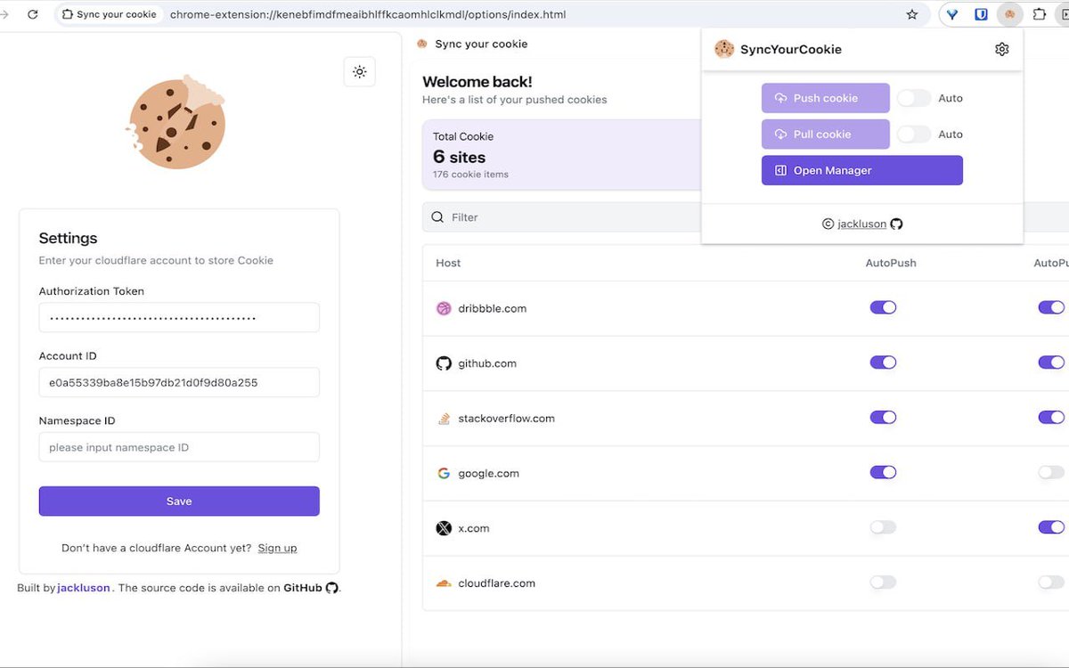 Sync Your Cookie：一个Chrome 扩展程序，可将 Cookie 同步到 Cloudflare，可在不同设备之间 共享Cookie。

标签：#扩展 #Cookie #共享共享Cookie #Cloudflare

链接：appmiao.com/1237/