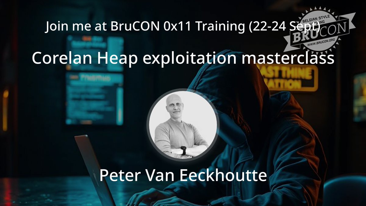 BruCON (@brucon) on Twitter photo "The ONLY public Corelan Heap class left in 2025 in Europe is happening at #BruCON0x11 (22-24 Sept). Taught by the legend <a href="/corelanc0d3r/">ΟΰΉΠ³ΡΙΰΈΰΈ Ο0ΰΉ3Π³ (corelanc0d3r@infosec.exchange)</a>. β οΈ Miss this = wait another year. π ow.ly/Rg2M50WoYGV
#corelan #heap #masterclass" "The ONLY public Corelan Heap class left in 2025 in Europe is happening at #BruCON0x11 (22-24 Sept). Taught by the legend <a href="/corelanc0d3r/">ΟΰΉΠ³ΡΙΰΈΰΈ Ο0ΰΉ3Π³ (corelanc0d3r@infosec.exchange)</a>. β οΈ Miss this = wait another year. π ow.ly/Rg2M50WoYGV
#corelan #heap #masterclass"