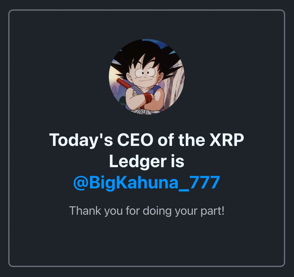 xrpl.ceo ๐ (@xrplceo) on Twitter photo ๐ <a href="/BigKahuna_777/">๐๐๐๐๐๐ท๐ด๐ดโโ ๏ธ</a> is the CEO of the XRP Ledger today. Expect great things ๐ <a href="/BigKahuna_777/">๐๐๐๐๐๐ท๐ด๐ดโโ ๏ธ</a> is the CEO of the XRP Ledger today. Expect great things