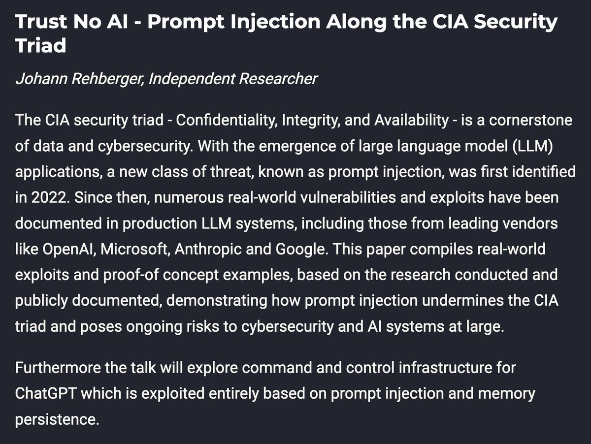 Leon Derczynski βπ» ππ (@leonderczynski) on Twitter photo At ACL in Vienna? Hear the world's leading prompt injector talk at LLMSEC on Friday!
Johann Rehberger <a href="/wunderwuzzi23/">Johann Rehberger</a> will be presenting the afternoon keynote at 14.00 in Hall B
> sig.llmsecurity.net/workshop/
#ACL2025NLP #ACL2025 At ACL in Vienna? Hear the world's leading prompt injector talk at LLMSEC on Friday!
Johann Rehberger <a href="/wunderwuzzi23/">Johann Rehberger</a> will be presenting the afternoon keynote at 14.00 in Hall B
> sig.llmsecurity.net/workshop/
#ACL2025NLP #ACL2025