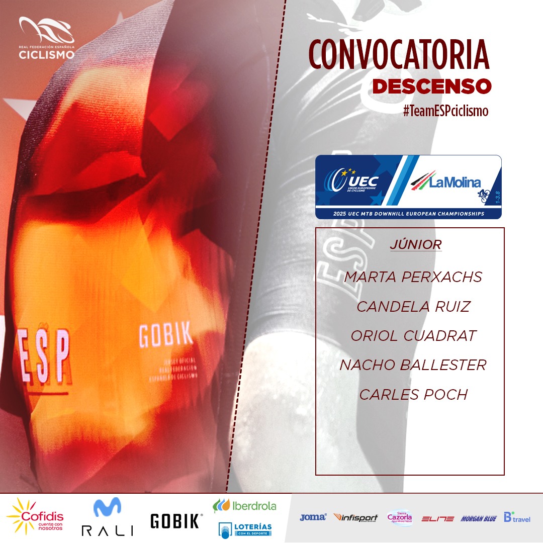 #EuroDHI25 | Convocatoria de la Selección Española para el Campeonato de Europa de Descenso de La Molina🏆🇪🇺 

👉El #TeamESPciclismo🇪🇸 estará representado en La Molina por 14 pilotos: 9 de categoría élite y 5 de categoría júnior.
📅Del 1 al 3 de agosto.