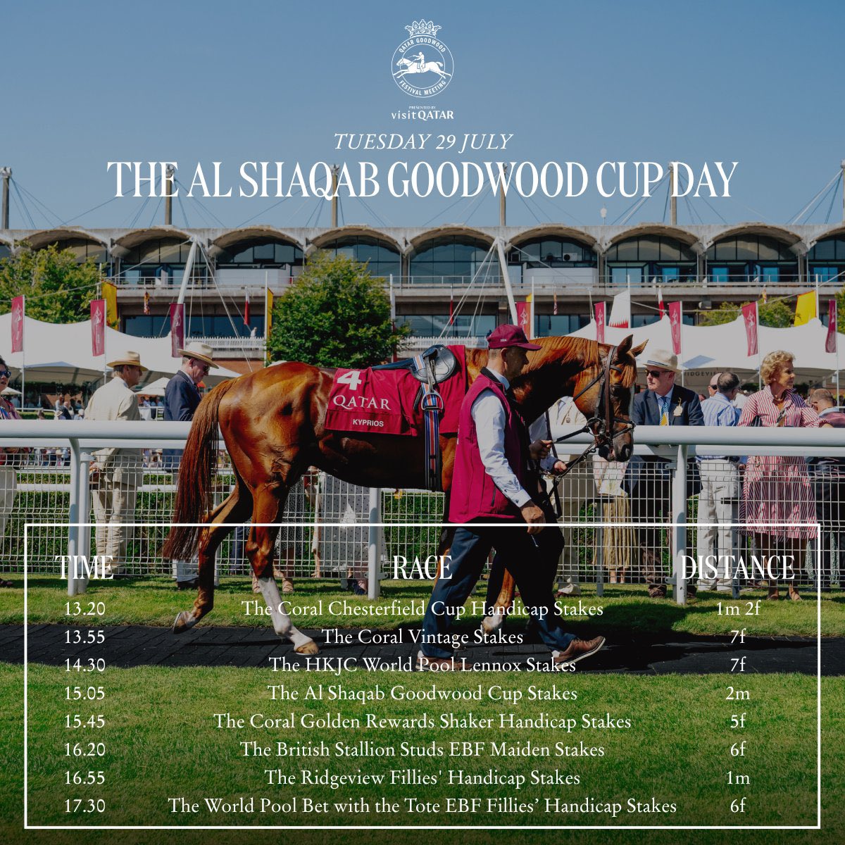 FAISAL ALSULIMAN (@c_alsuliman) on Twitter photo من بريطانيا
🇬🇧🏆🇬🇧
ينطلق أحد أشهر مهرجانات 🎡 الصيف
مهرجان QATAR GOODWOOD FESTIVAL
برعاية دولة قطر 🇶🇦
الذي يبدأ اليوم حتى يوم السبت المقبل
لمدة 5 أيام من المتعة والإثارة و التحدي
JULY 29 - 2 AUGUST 2025
السباق منقول على قنوات الكأس
<a href="/AlkassTVSports/">قنوات الكاس</a>
<a href="/Goodwood_Races/">Goodwood Racecourse</a> من بريطانيا
🇬🇧🏆🇬🇧
ينطلق أحد أشهر مهرجانات 🎡 الصيف
مهرجان QATAR GOODWOOD FESTIVAL
برعاية دولة قطر 🇶🇦
الذي يبدأ اليوم حتى يوم السبت المقبل
لمدة 5 أيام من المتعة والإثارة و التحدي
JULY 29 - 2 AUGUST 2025
السباق منقول على قنوات الكأس
<a href="/AlkassTVSports/">قنوات الكاس</a>
<a href="/Goodwood_Races/">Goodwood Racecourse</a>