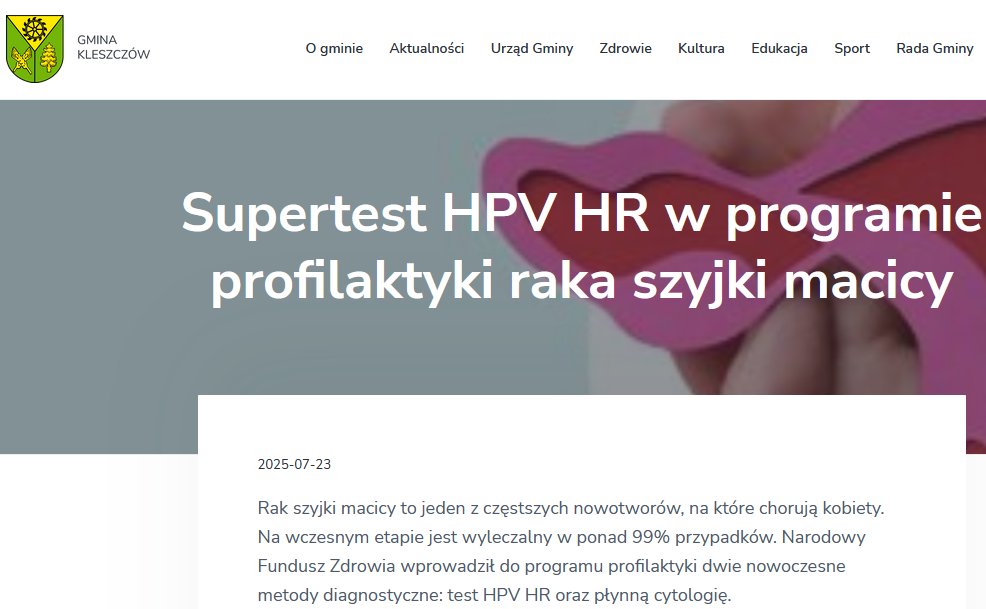 Anna Leder (@nfz_lodz) on Twitter photo Czy kleszczowianki pójdą do #ginekolog lub #położna na supertest #HPVHR i płynną cytologię?
Przełomowe badania są teraz dostępne dla każdej z nas.
Superczuły test HPV HR wykryje infekcję #HPV.
<a href="/NFZ_GOV_PL/">Narodowy Fundusz Zdrowia</a> <a href="/rutkowskip1972/">Piotr Rutkowski</a> <a href="/NIO_PIB/">Narodowy Instytut Onkologii, Warszawa</a> <a href="/MZ_GOV_PL/">Ministerstwo Zdrowia</a> Czy kleszczowianki pójdą do #ginekolog lub #położna na supertest #HPVHR i płynną cytologię?
Przełomowe badania są teraz dostępne dla każdej z nas.
Superczuły test HPV HR wykryje infekcję #HPV.
<a href="/NFZ_GOV_PL/">Narodowy Fundusz Zdrowia</a> <a href="/rutkowskip1972/">Piotr Rutkowski</a> <a href="/NIO_PIB/">Narodowy Instytut Onkologii, Warszawa</a> <a href="/MZ_GOV_PL/">Ministerstwo Zdrowia</a>