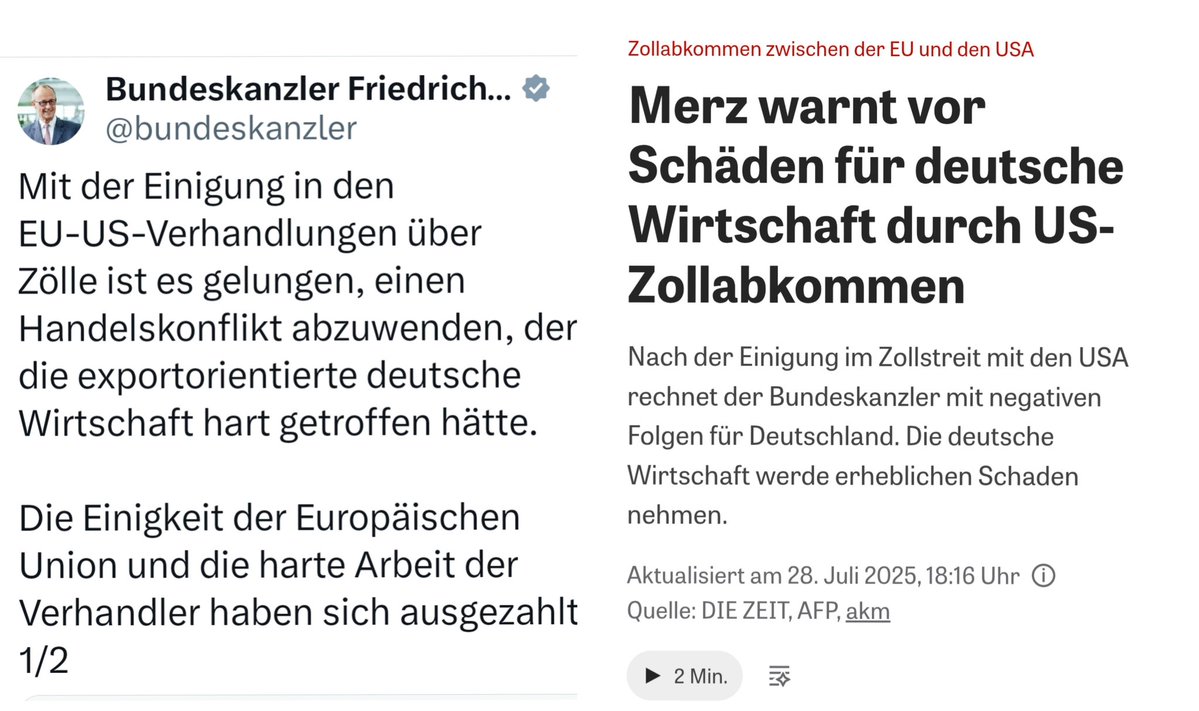 Keine 24 Stunden dazwischen. 
Hat #Merz erkannt, dass er deutscher Bundeskanzler ist und nicht MAGA-Pressesprecher oder nutzt er jetzt die Chance, das absehbare Versagen der Bundesregierung Trump in die Schuhe zu schieben.
Die Schuld bei anderen suchen, konnte die CDU immer gut.