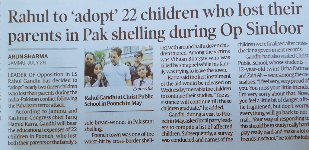 In a deeply human gesture, Rahul Gandhi will support 22 children from Poonch who lost their parents in cross-border shelling during #Opsindoor —bearing all their education costs.
This is not just adoption, it's compassion in action.
A message of hope amid sorrow.❤️
#RahulGandhi