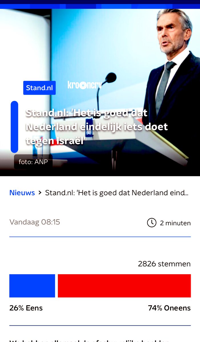 De “public opinion”’ in Nederland - die onze ongekozen <a href="/MinPres/">Dick Schoof</a> Schoof zo goed meent te kennen - denkt heel anders dan de NPO-kijkende Schoof: 74% is het ONEENS met het amateuristische diplomatieke gekloot van Schoof.