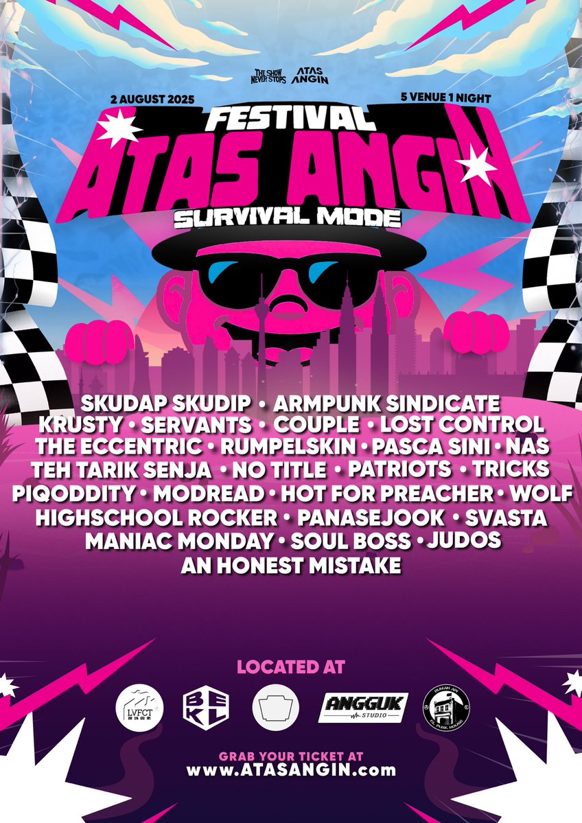 ATAS ANGIN FESTIVAL 2025 : SURVIVAL MODE 

Happening this weekend!  
🗓️2 August 2025
⏰8PM
📌BEKL, PETAI BELALANG, RUMAH API, ANGGUK STUDIO, LIVE FACT

dont miss this!