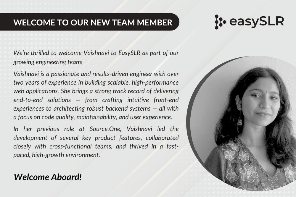 We are delighted to share that Vaishnavi Sawai has joined our team as Full Stack Developer. 
Welcome Aboard! 🙌 

#EasySLR #newbeginnings