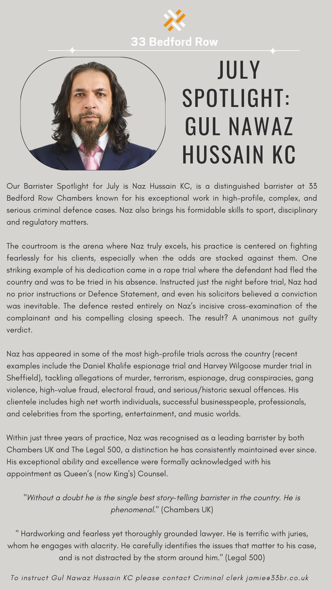 Our #BarristerSpotlight for July is Gul Nawaz Hussain KC, is a distinguished barrister at 33BR Chambers known for his exceptional work in high-profile, complex  #criminal defence cases. Naz also brings his formidable skills to #sport, #disciplinary and #regulatory matters.