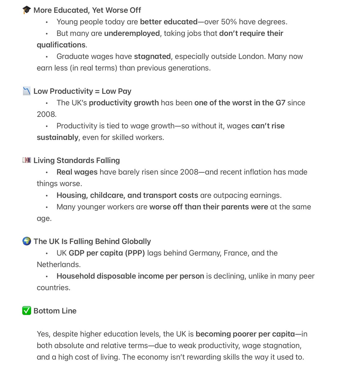 🎓📉 Britain’s most educated generation is also becoming its poorest.
Despite more degrees, young people face stagnant wages, rising costs &amp; falling living standards.
Here’s why the UK is getting poorer per person — and what’s driving the decline 👇