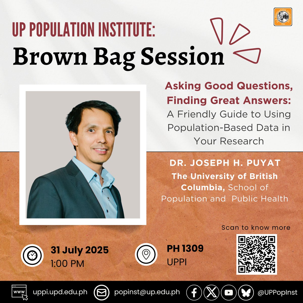 Only two days left! Remember to mark your calendars for the UP Population Institute's Brown Bag Session this Thursday, July 31, 2025, at 1:00 PM in PH 1309, UPPI.
See you there!