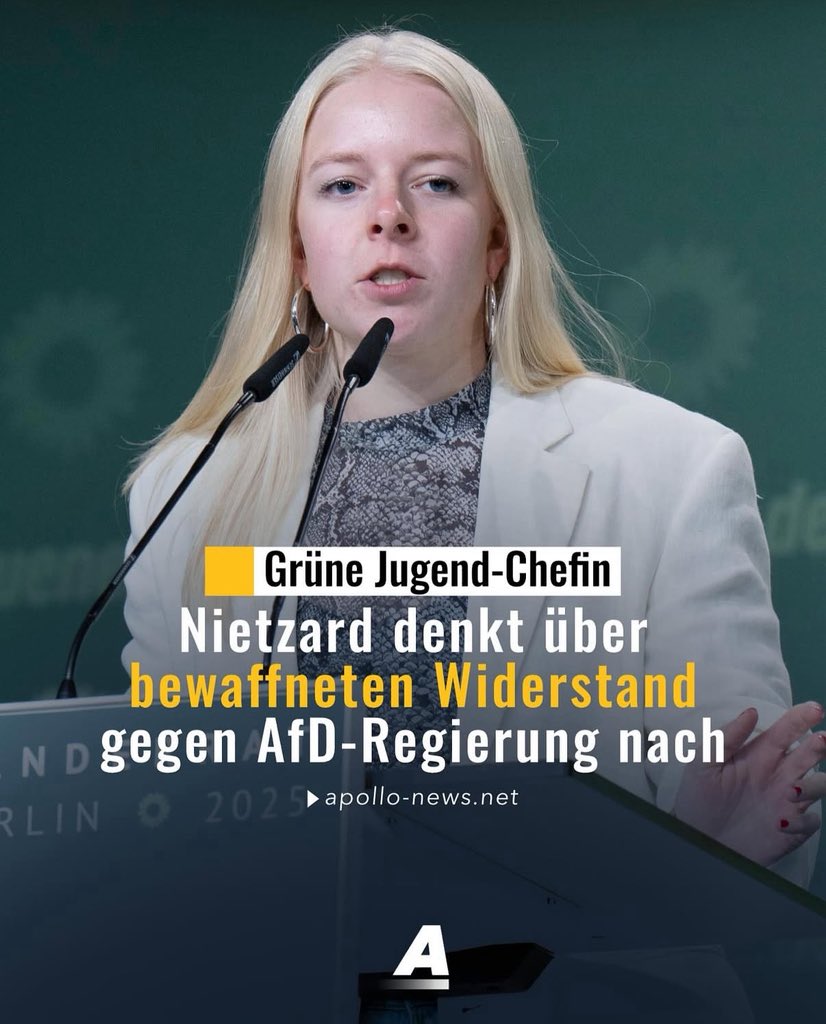 „Müssten wir auch zu den Waffen greifen?“ - die Sache ist die: Wäre Jette Nietzard Vorsitzende der AfD-Jugend wäre dieser Satz wohl mit der einschlägigste Beweis im Verfassungsschutzbericht für eine Einstufung als gesichert extremistisch. 

apollo-news.net/mssten-wir-auc…