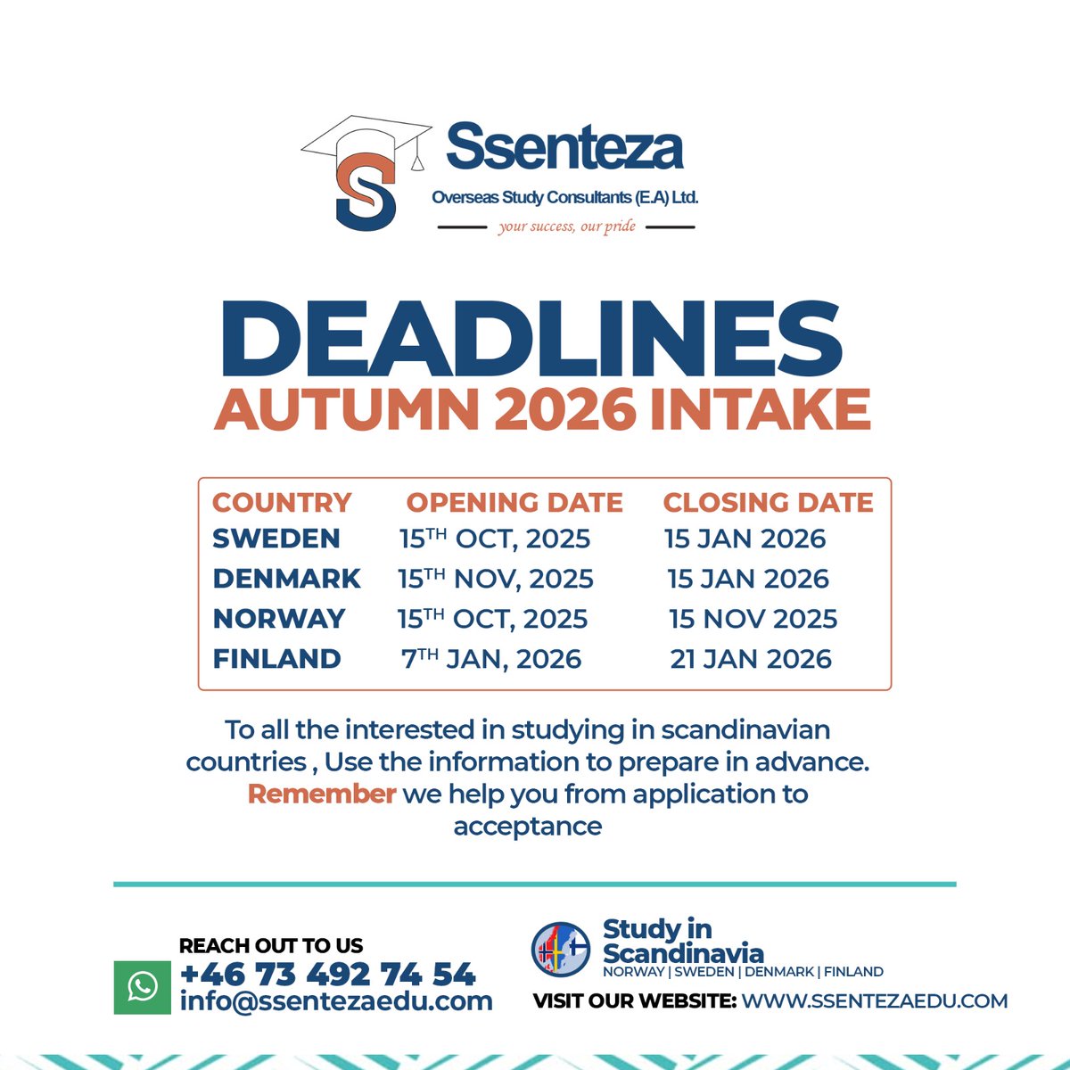 Ssenteza Overseas Study Consultants (@ssentezaedu) on Twitter photo To all the interested in studying in Scandinavian countries, use the information below to prepare in advance.....
And at <a href="/ssentezaedu/">Ssenteza Overseas Study Consultants</a> we aid you all the way from application to acceptance
Reach out to us or visit our website for assistance To all the interested in studying in Scandinavian countries, use the information below to prepare in advance.....
And at <a href="/ssentezaedu/">Ssenteza Overseas Study Consultants</a> we aid you all the way from application to acceptance
Reach out to us or visit our website for assistance