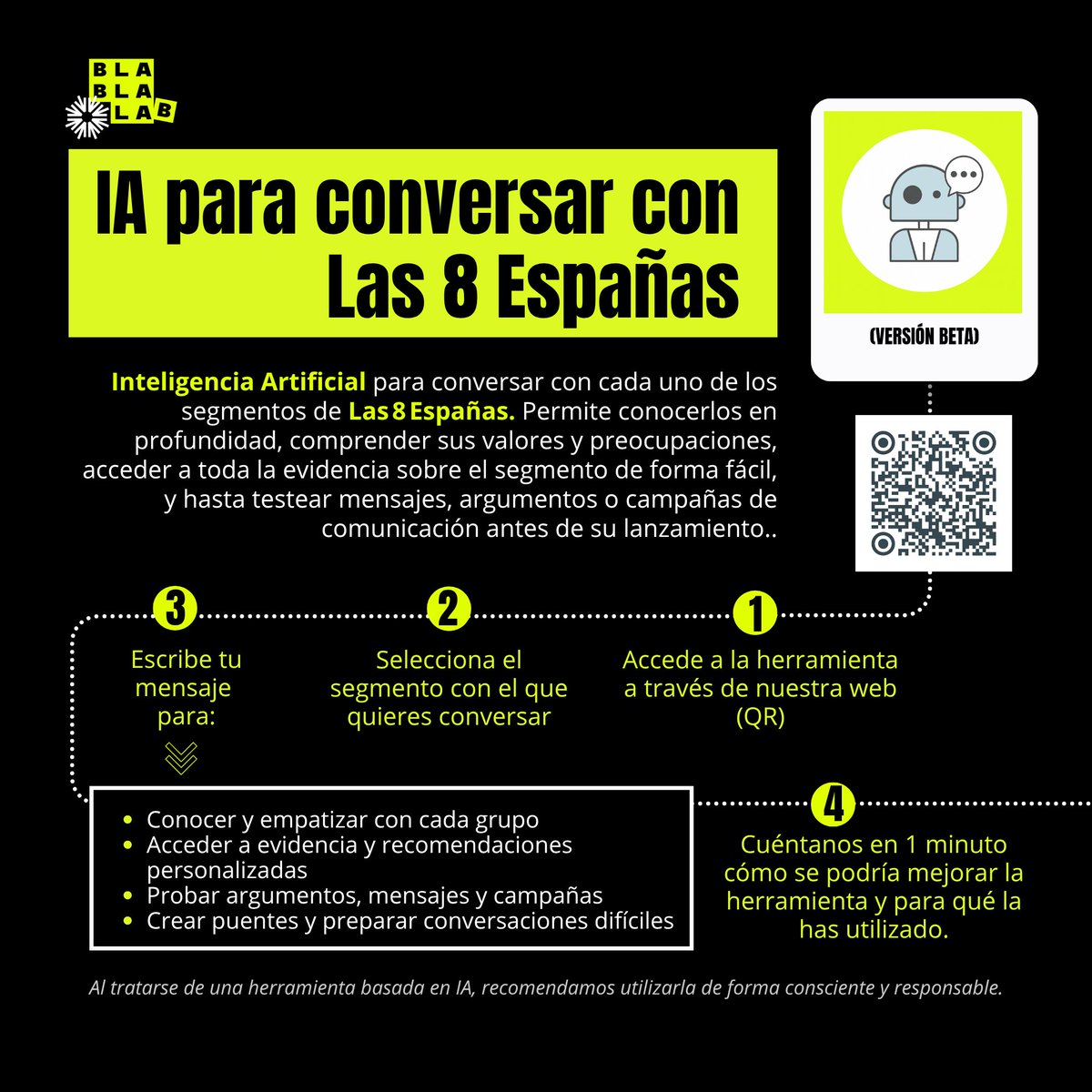 ¿Quieres testear campañas antes de lanzarlas?¿Quieres que tu público objetivo te diga exactamente qué sentimientos le provocará el mensaje y cómo podrías mejorarlo?

🗨️Conversa con #LasOchoEspañas a través de la #InteligenciaArtificial de #BlaBlaLAB 

goo.su/K1Rh27p