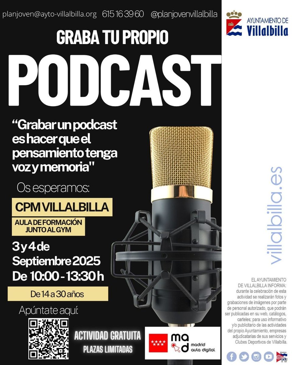 ¡Empieza septiembre con dos talleres gratuitos para jóvenes en #Villalbilla!
📍 CPM Villalbilla Casco
🗓️ 1-2 sept: Realidad Virtual
🗓️ 3-4 sept: Crea tu podcast
⏰ 10:00–13:30
🎯 De 14 a 30 años
INSCRIPCIONES:docs.google.com/forms/d/e/1FAI…
¡APÚNTATE YA!
